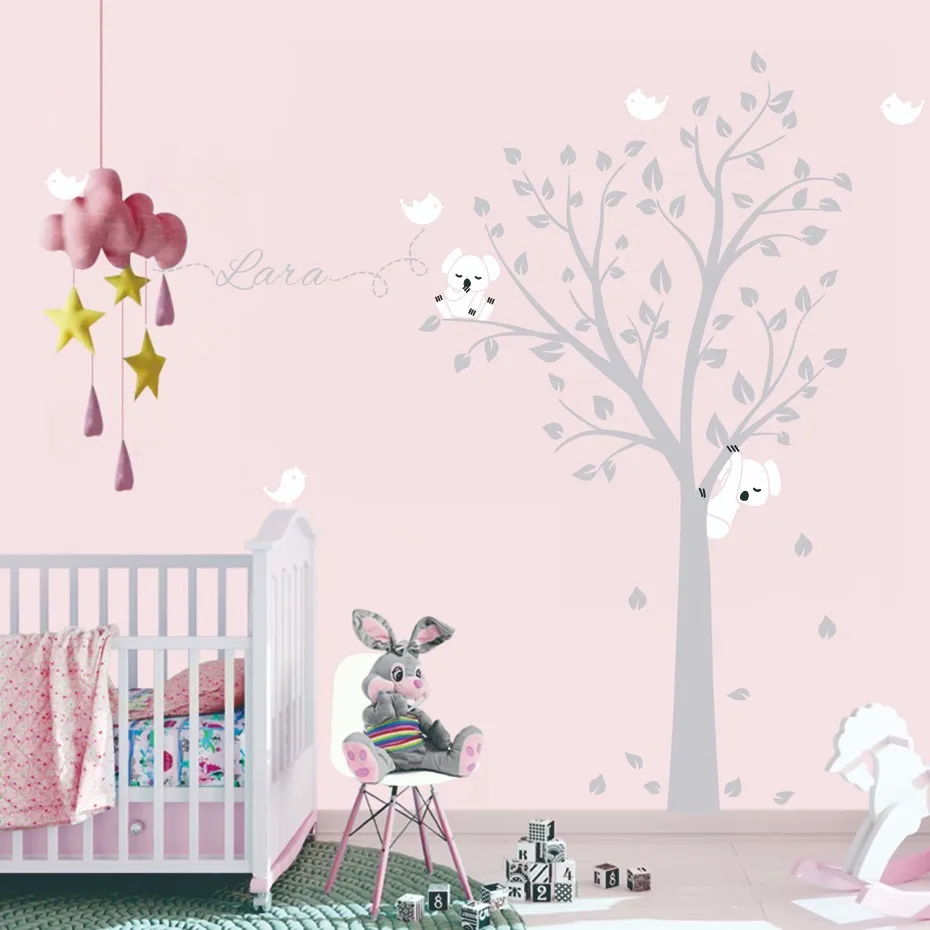 Wall Sticker Koala Tree With Personalized Name And Birds Decor For Wall Sticker Koala Tree With