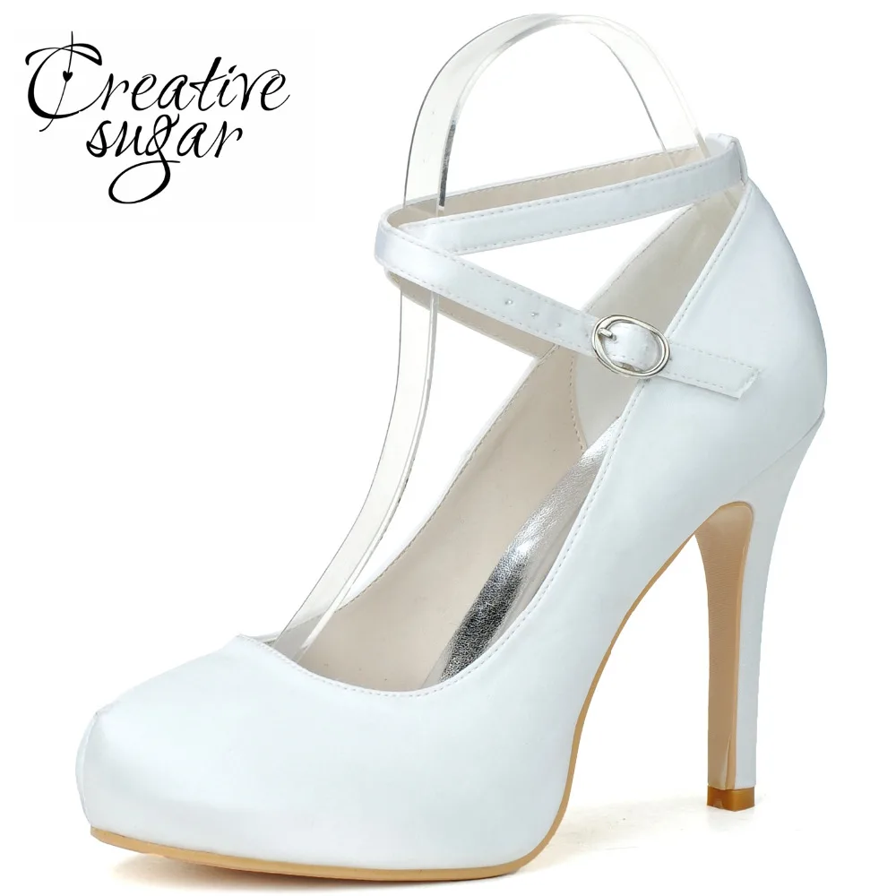 

Creativesugar Elegant crossed ankle strap satin woman pumps rounded toe platform dress shoes bridal wedding party prom everning