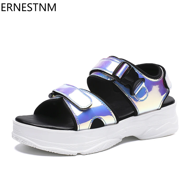 ERNESTNM 2019 New Women Chunky Sandals Bling Sequined Wedges Buckle Strap Platform Shoes 5CM Summer Sandals Pink Glitter Shoes