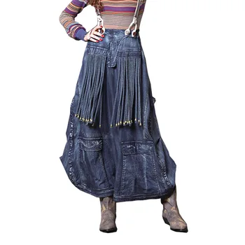 

2019 Spring and Autumn Retro Vintage denim Long female a-line Skirt designs / Tassel Maxi Long Jeans a line Skirts Womens