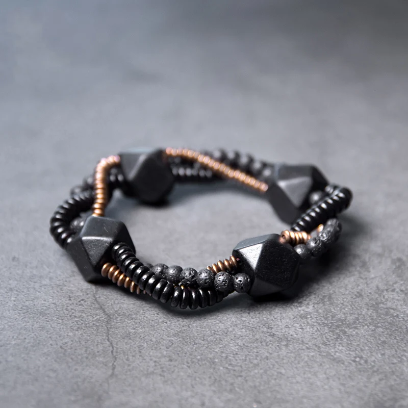 

Reikinn Design Black Wood Ebony Mix Copper Beads Bracelet Fashion Trendy Unique Geometric Good Luck Wish Bangle For Men Women