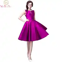 100% Real Images Cheap Graduation Dress Fuchsia Prom Gown with Bow Knee Length A-line Satin Lace Up Back Party Dresses In Stock