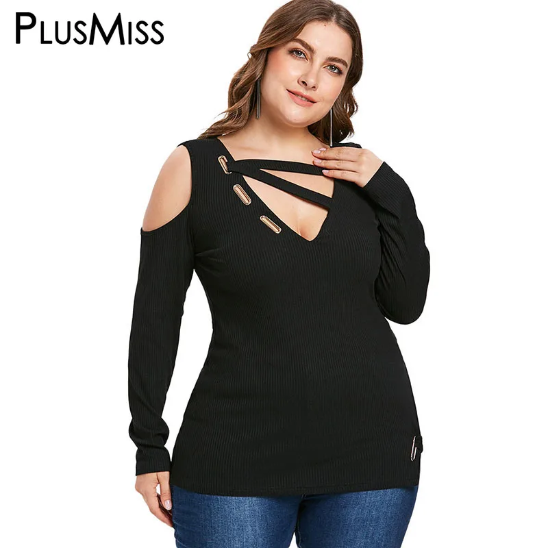 PlusMiss Plus Size 5XL Cold Shoulder Knitted Cut Out Tunic Tops Tees ...