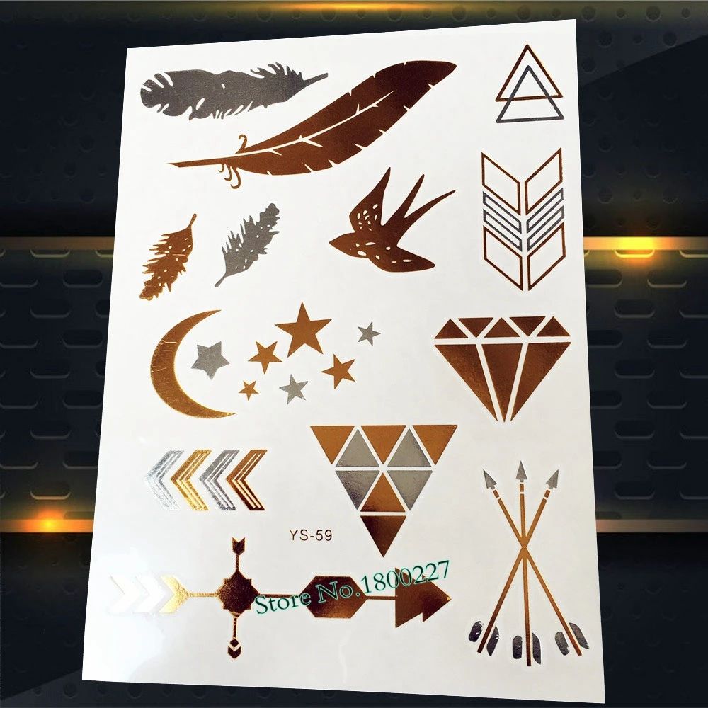

1PC Top Quality Golden Feather Temporary Tattoo Stickers PYS-59 Arrows Diamonds Pattern Flying Birds Swallow Summer Style Tattoo