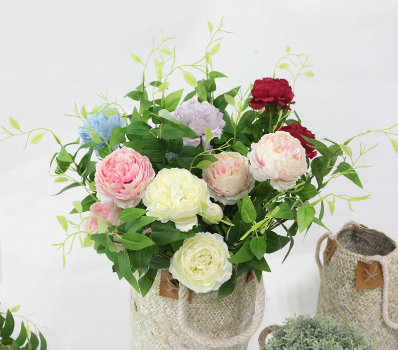 JAROWN Artificial 3 Heads Peony Flowers Branch Simulation Silk Fake Rose Flower For Wedding Decorations Home Party Decor Floers (3)