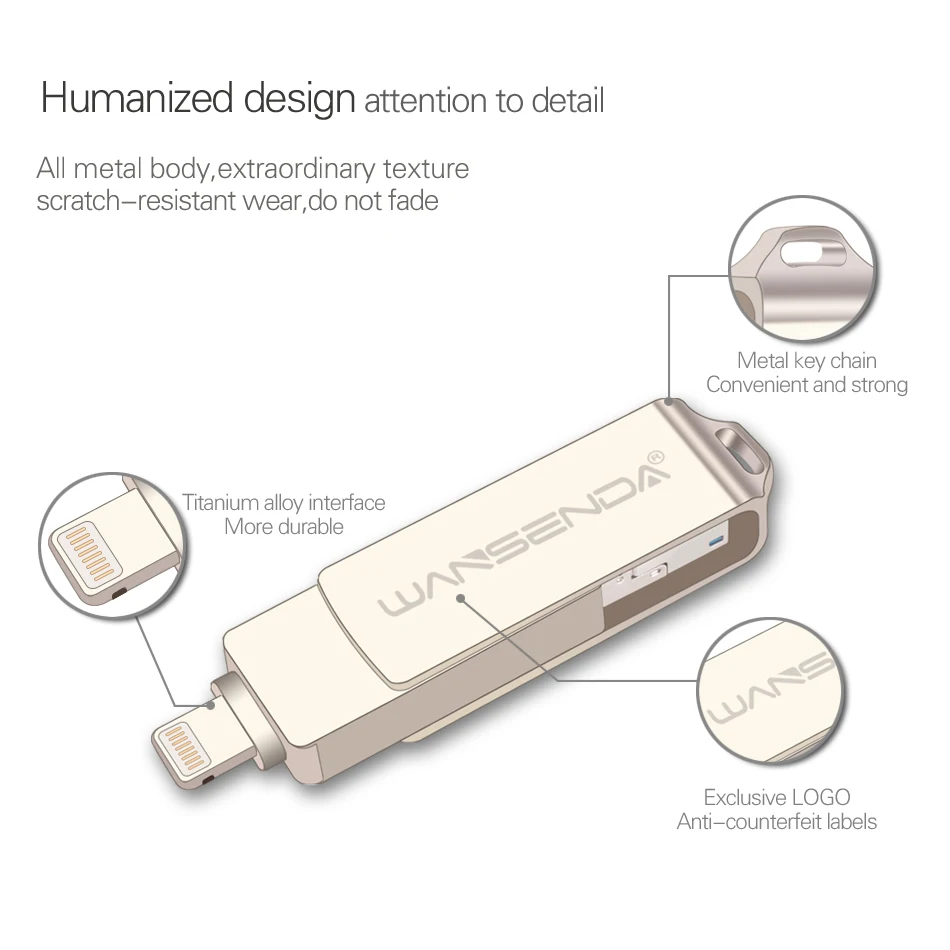  WANSENDA Metal USB Flash Drive 128GB OTG Pen Drive 32GB 64GB USB 3.0 Flash Disk for iPhone 11 Pro/X