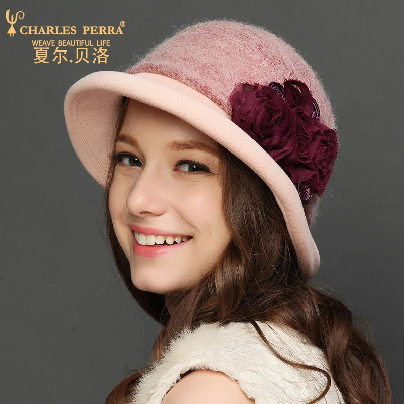 

Charles Perra Autumn Winter Women Hat New Fashion Woolen Caps Casual Elegant Lady Small Bucket Hats Keep Warm 7526