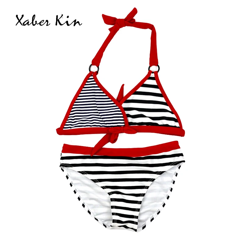 5 14T Stirped Two Pieces Girls Swimsuit Girls Cute Bikini Sets Children