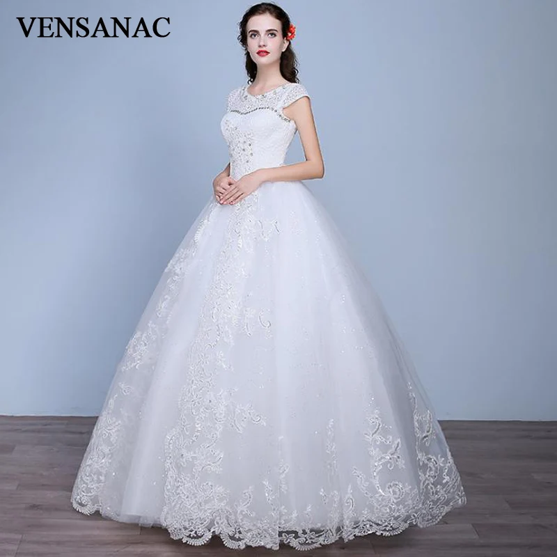 VENSANAC 2018 Crystal Pearls O Neck Ball Gown Lace Wedding Dresses Sequined Appliques Short Cap Sleeve Bridal Dress