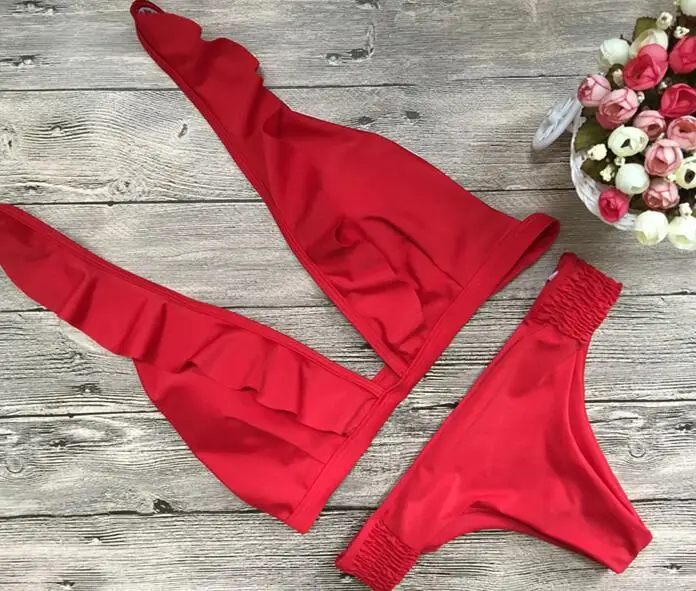 

2018 New Lotus Leaf Pattern Red Color Bikini Set Swimsuit Bathing Suit Swimwear