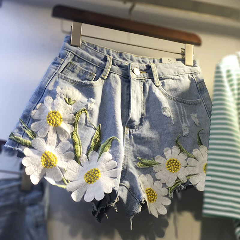 

Nevettle Floral Embroidery Denim Shorts Women Summer Plus size Wide leg Jeans Short Pants