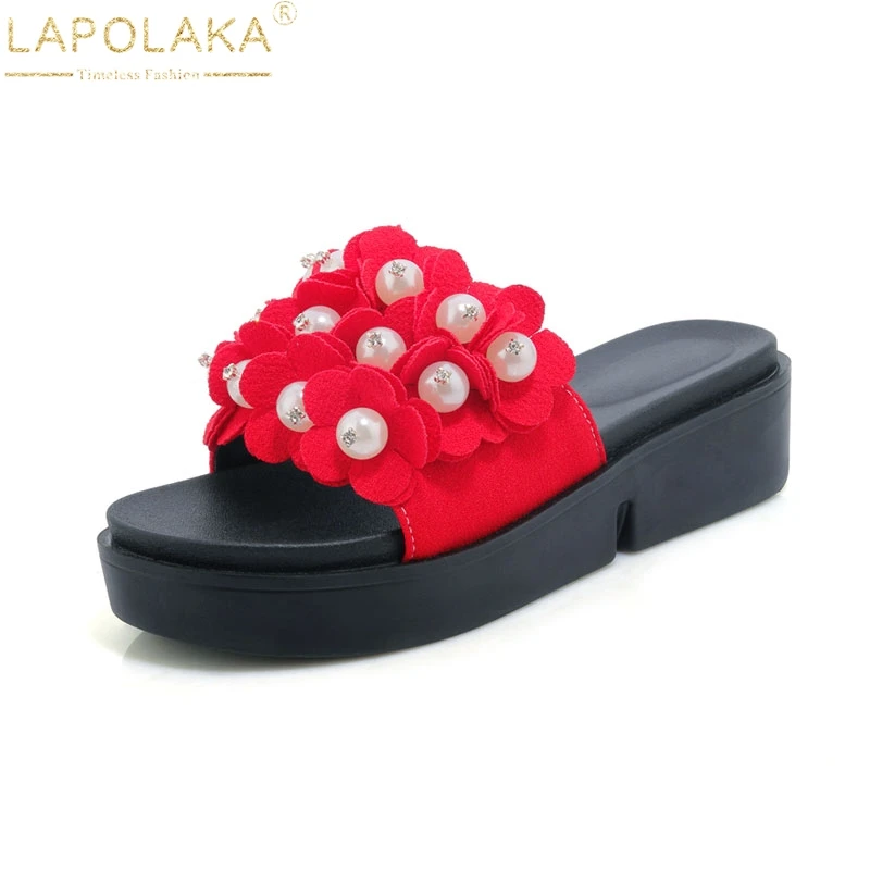 

LAPOLAKA Man-made Pearl Pleated Decoration Summer Casual Open Toe Platform Flip Flops Shoes Woman