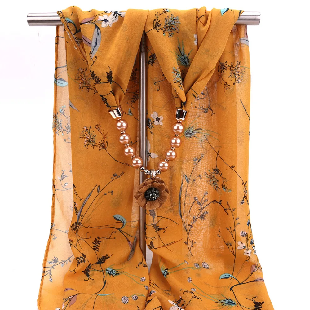 RUNMEIFA Для женщин элегантные аксессуары шелковые платки с рисунком ожерелье из шифона с цветочный кулон голова шарфы женский мусульманский