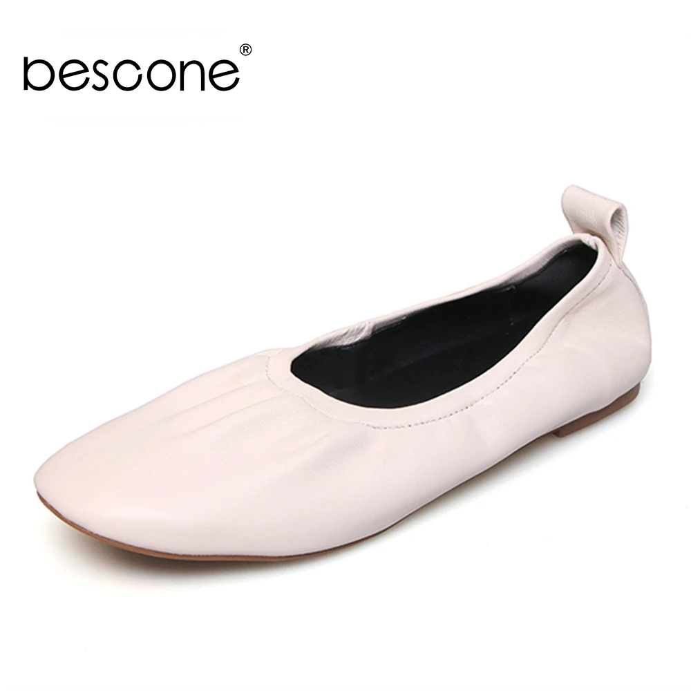 

BESCONE Casual Round Toe Ladies Flats Solid Outside Slip-On Low Heel Shoes Comfortable Spring Autumn Shallow Womens Flats BO236