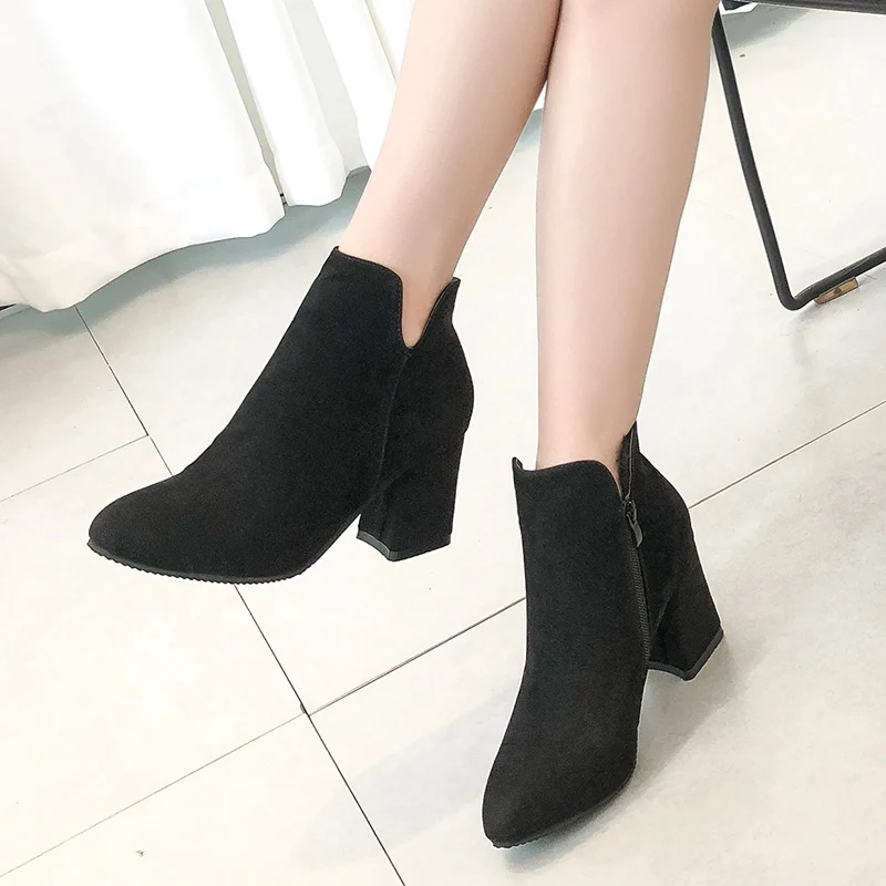 

PU Leather Women Boots High Heel Autumn Winter Warm Short Plush Casual Pointed Toe Basic Martin Ankle Boots for Women Shoes
