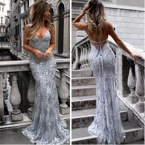 

Glitter Arabic Mermaid Evening Dress Silver Navy Blue Backless Evening Gowns Fitted V Neck Sexy Prom Dresses Cheap Under 50