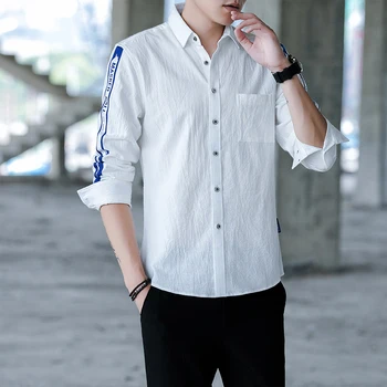 

Autumn Men Shirt Long Sleeve Pocket Pattern Mens Shirt Letter Webbing Design Breathable White Black Gray Shirt For Men