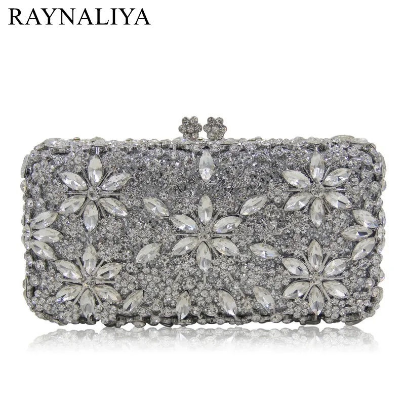 

Crystal Flower Hollow Out Women Evening Bag Metal Box Clutch Wedding Party Prom Bridal Silver Handbags And Purse SMYZH-E0357