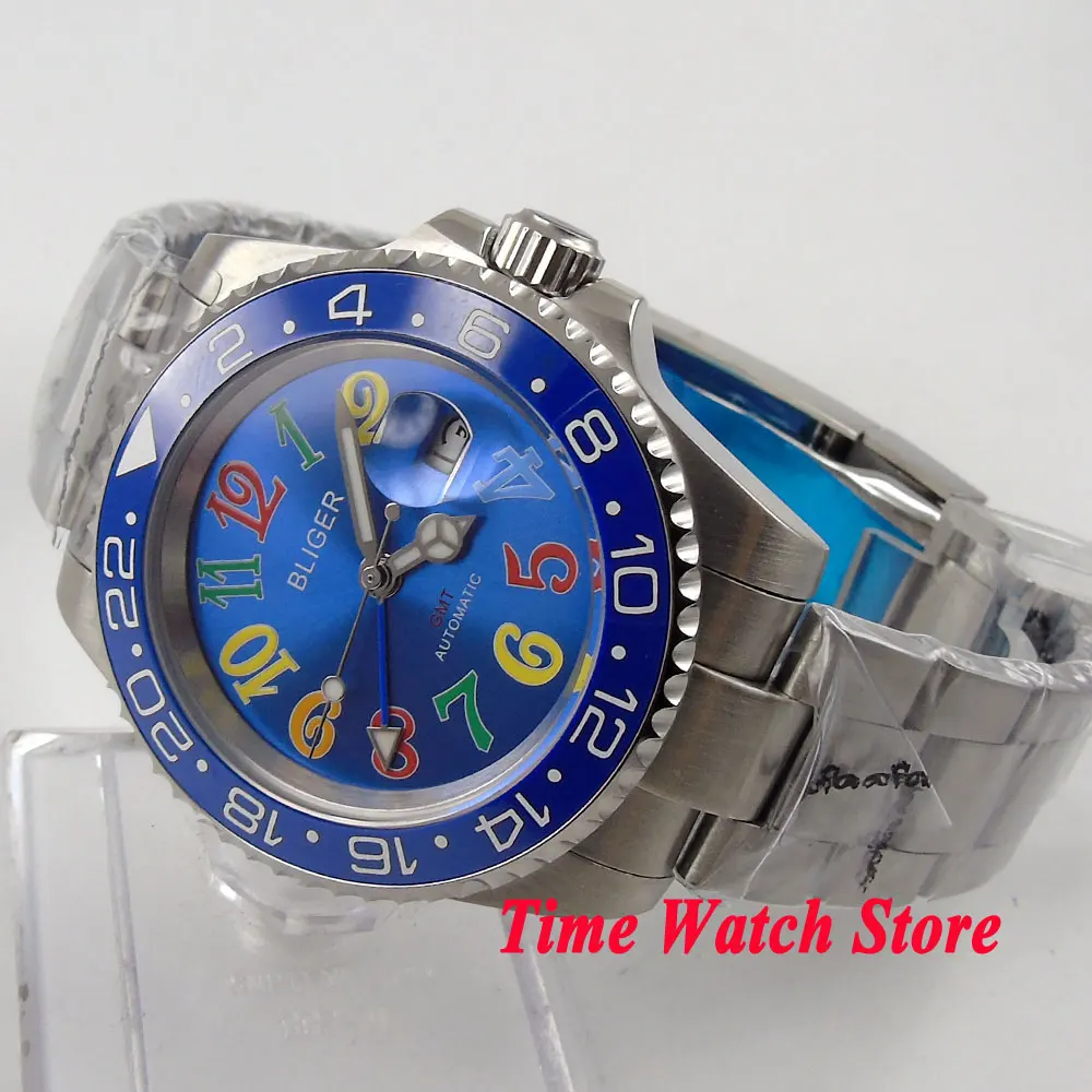 Bliger 40mm blue dial date colorful marks saphire glass Ceramic Bezel GMT Automatic movement Men's watch | Наручные часы