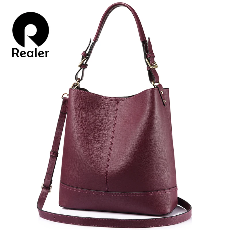 

REALER bucket bag women handbags shoulder crossbody bags female genuine leather totes ladies messenger large top-handle bags NEW