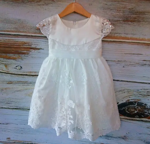 Stunning Soft White Girls Lace Baptism Dress Christening Dress Baby Flower girl dress with Lace Capp sleeve