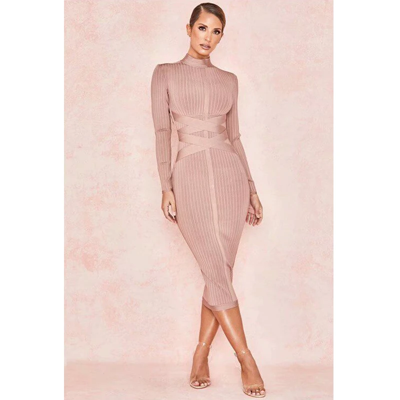 

KLEEZY Bodycon Celebrity Pink Party Dress Women Long Sleeve 2019 New Summer Sexy Long Runway Club Bandage Dress Vestido HL4848