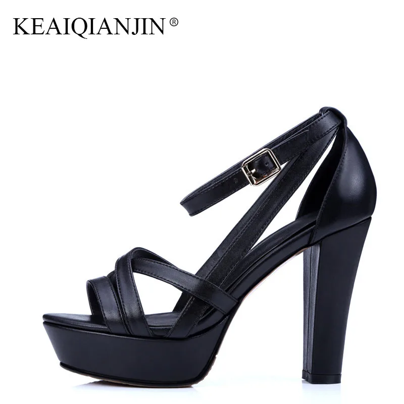 

KEAIQIANJIN Woman Genuine Leather Peep Toe Sandal Fashion Black Brown High Heels Shoesa Sexy Genuine Leather Open Toe Sandal