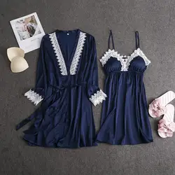 Удобные Для женщин атласные пижамы сексуальное отделка кружевом Халат из вискозы весенний комплект невесты свадебное платье кимоно