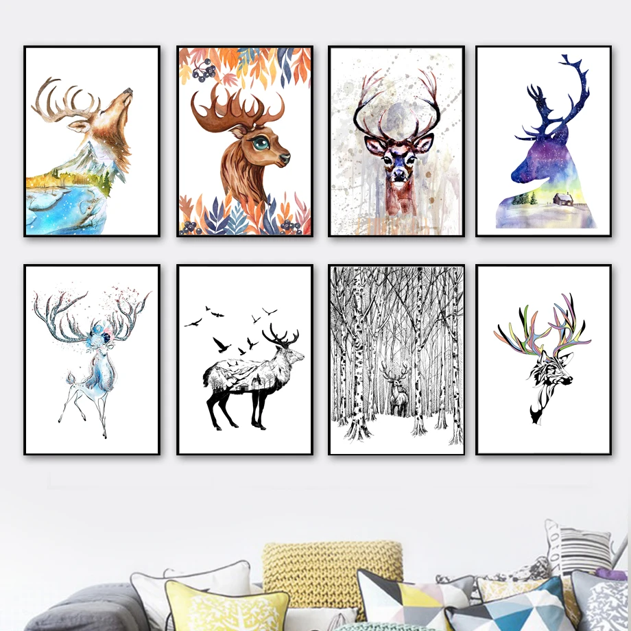 

Watercolor Deer Abstract Forest Nordic Poster And Prints Wall Art Canvas Painting Animal Wall Picture For Living Room Home Decor