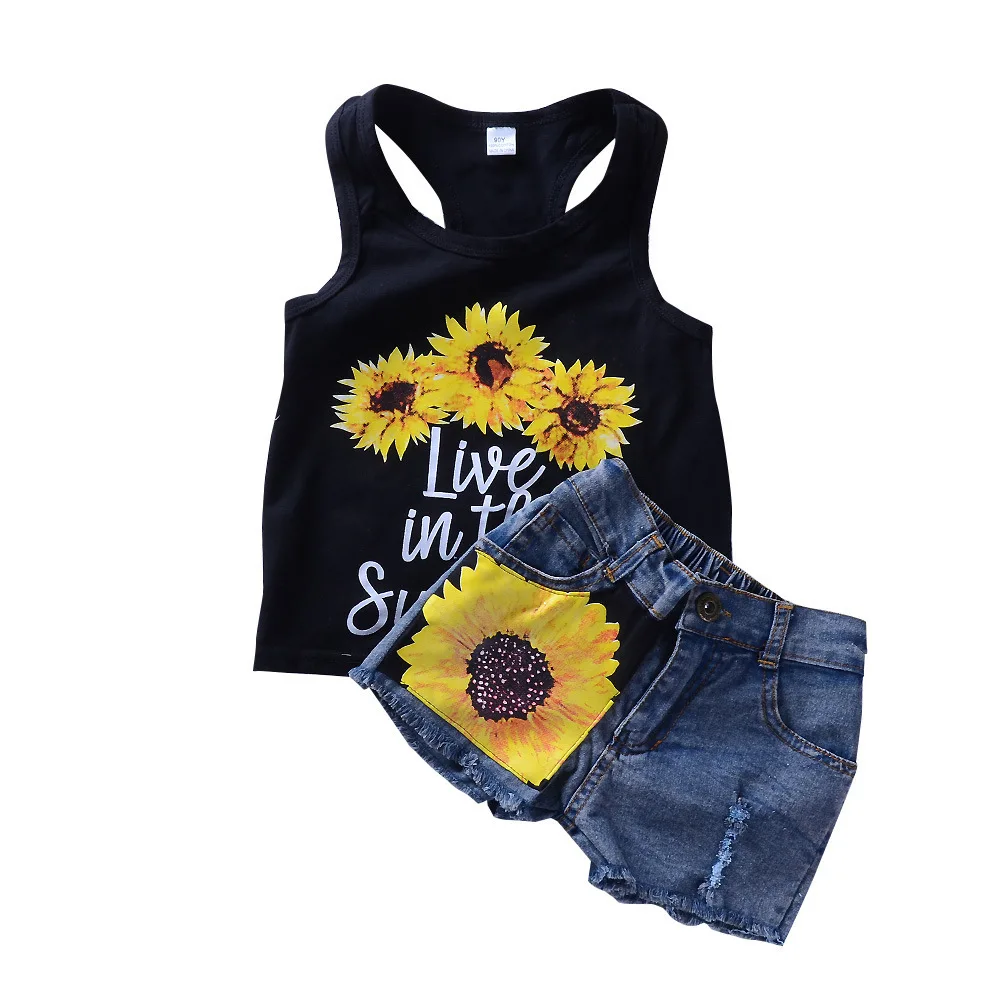 

Baby Girls Clothes Outfits Summer Fashion Floral Sleeveless Sunflower T-shirt Tops +Denim Jeans Pants 2 Pcs Kids Clothing Set