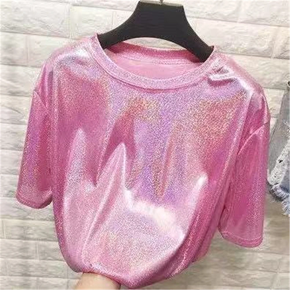 

Summer Retro Style Stylish Bright Silk Woman Top Shiny Loose Short Sleeve T-shirt Sexy Club Aesthetic Harajuku Women Tshirt Pink