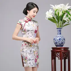 Для женщин из хлопка и льна китайское традиционное платье элегантный Бизнес с цветочным принтом Cheongsam Винтаж леди короткий рукав Мини Qipao