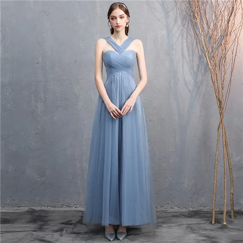 Beauty Emily V Neck Long Bridesmaid Dress Lace Up Back Strapless Elegant Tulle Party Dress For Wedding Vestido de dama de honor - Color: Blue F