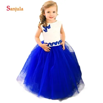

Royal Blue Puffy Tulle Flower Girls Dresses O-Neck Pearls Handmade Butterfly Shape Flowers Girls Birthday Party Dresses D405