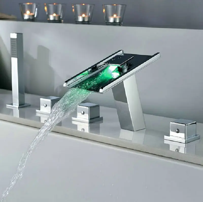 

2018 New Deck Mounted Bathroom Faucets 5 Holes LED Waterfall Faucets Bathtub LED Faucet Set JN6518