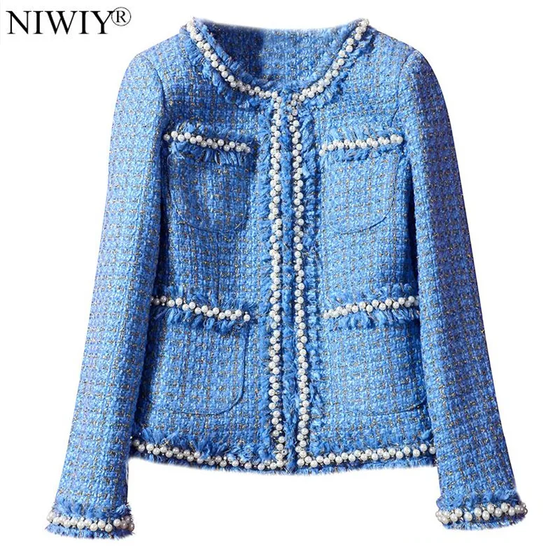 

NIWIY Brand Long Sleeve Blue Bead Tweed Jacket Abrigos Mujer Invierno 2019 Autumn Luxury Women Jacket Manteau Femme Hiver K9406
