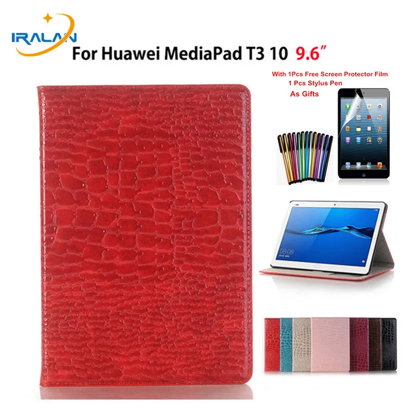 

Crocodile PU Leather Smart Stand Case for Huawei Mediapad T3 10 AGS-L09 AGS-L03 Tablet Cover for Huawei T3 9.6 inch+film+stylus