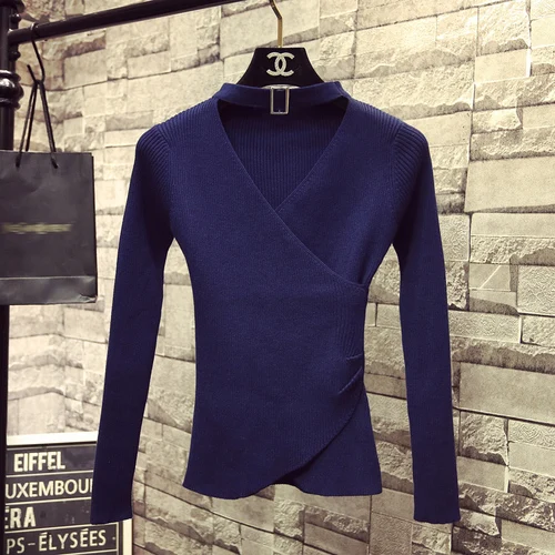 Осенний и зимний женский вязаный свитер с v-образным вырезом и длинными рукавами, чистый цвет, женская вязаная одежда, повседневные топы - Цвет: Синий