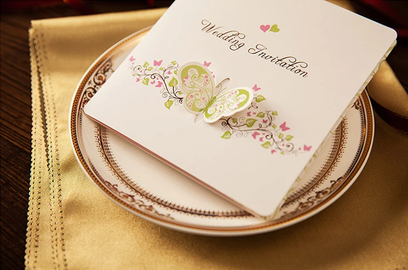 50 pieces/lot) Korean Style Pop Up Butterfly Wedding Invitation Card Printable& Customize White Marriage Cards IC026