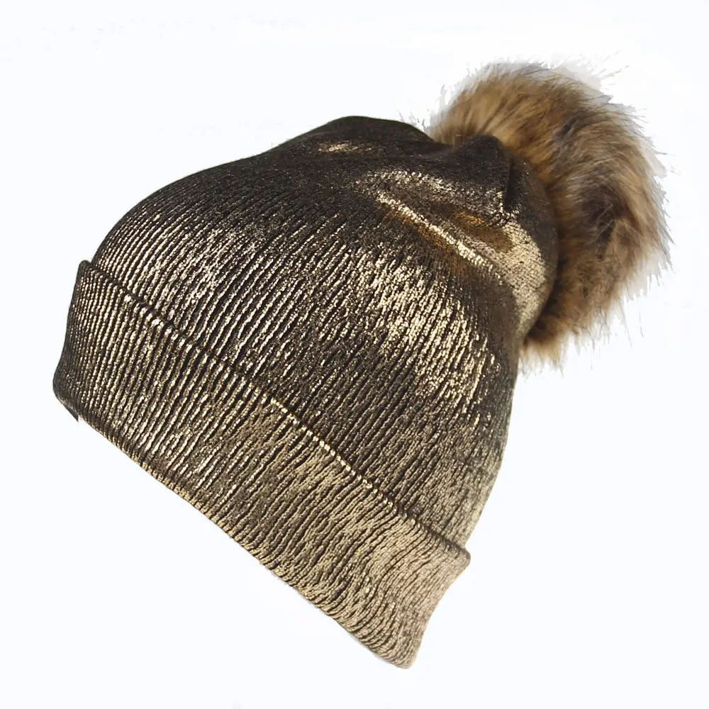 Для женщин Мода Bronzing вязаные шапки женский шляпа шапочки зимние теплые твердого искусственного Пом лыж Hat случайные девушки шляпы