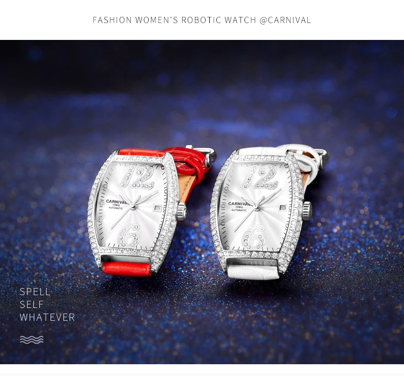 2019Carnival switzerland automatic mechanical watch women luxury brand leather strap women watches rhinestione clock reloj saati