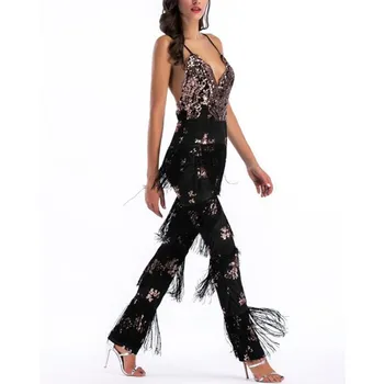 

2019 Sexy Backless Tassel Sequin Rompers Womens Jumpsuit Elegant Summer One Piece Jumpsuit High Street Playsuit