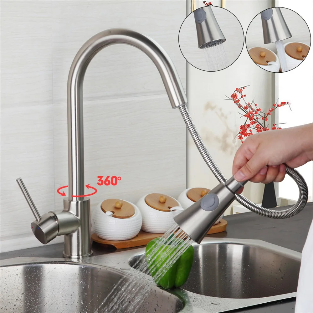 Modern New Polished Chrome Kitchen Faucet Single Handle Swivel Pull Out Dual Spout Vessel Sink Mixer