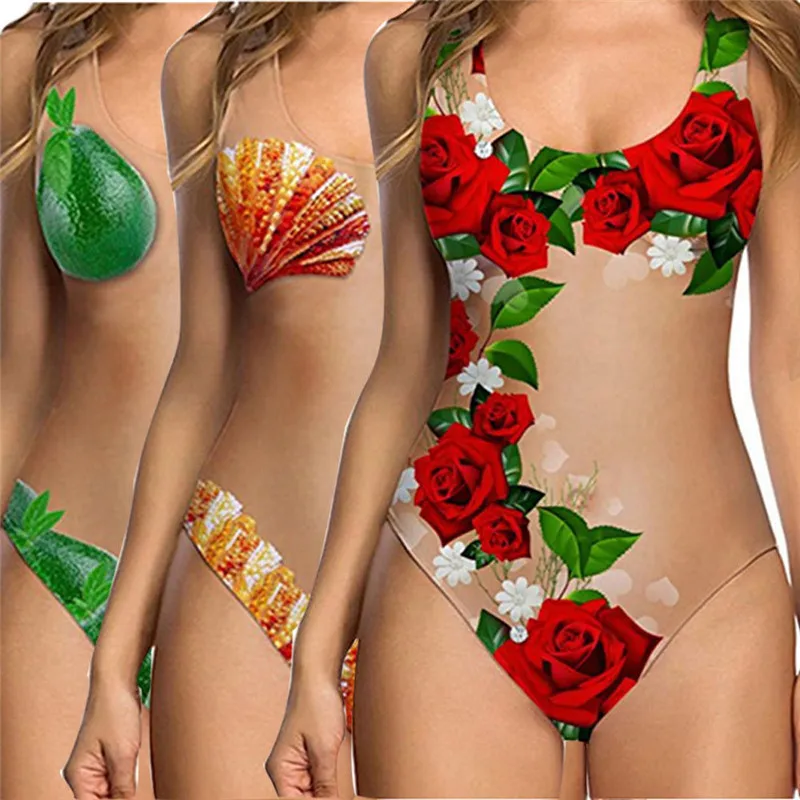 

Funny Rose/Shell/Lime 3D Printed Swimsuit Sexy Perspective Bikinis 2018 Summer Brazilian One-piece Swimsuits New Sexy Swimwear