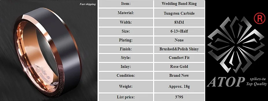 8 мм матовый черный розовый золотой край вольфрамовое обручальное кольцо на атопе мужские ювелирные изделия