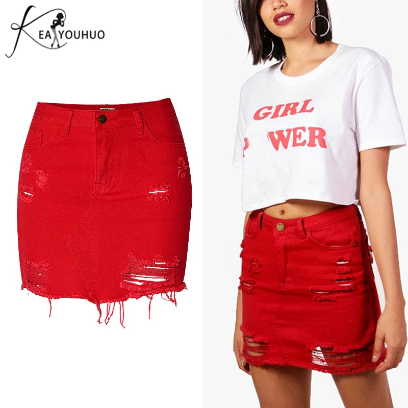 Koop 2018 Zomer Gat Broek Zwart Rokken Hoge Taille Denim Rokken Vrouw Gescheurde Jeans Voor Vrouwen Witte Broek Kokerrok Vrouwelijke rood