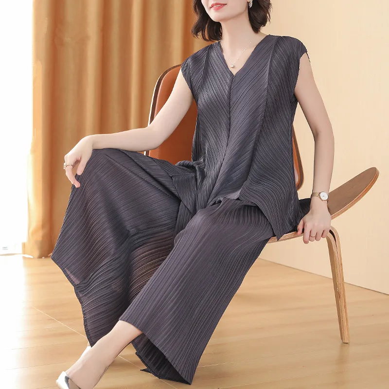 Azterumi, летние свободные женские комплекты, модные Плиссированные Длинные футболки и однотонные широкие брюки, женский костюм, высокое качество, комплект из 2 предметов
