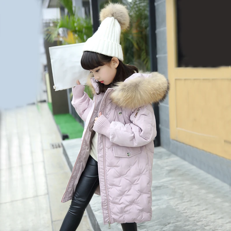 Зимние пуховики для девочек теплая одежда для школьников 10-12 лет парка с длинным капюшоном из натурального меха, детское зимнее пальто для русской зимы