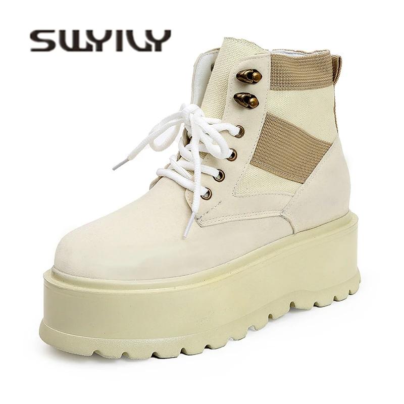 SWYIVY Woman Sneakers Platform Shoes Woman 2018 Autumn Canvas Female Casual Shoes High Top Beige Color Retro Muffin Sneakers