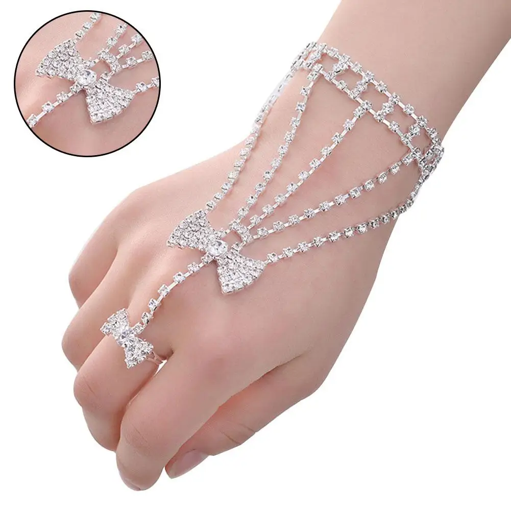 

Fashion Heart Bow Rhinestone Glove Bracelet Hand Back Chain Finger Jewelry hot